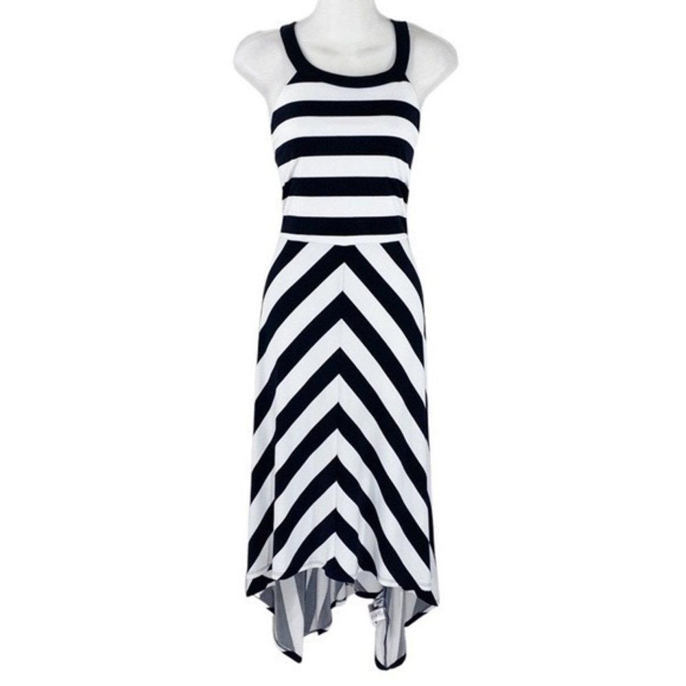 NWT NY&Co black white stripe halter asymmetric hem midi dress OO11